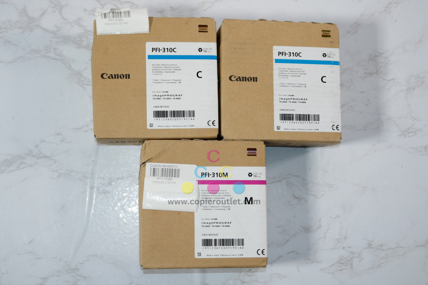 3 OEM Canon TX-2000,TX-3000,TX-4000 Cyan & Magenta PFI-310C,PFI-310M Ink Tanks