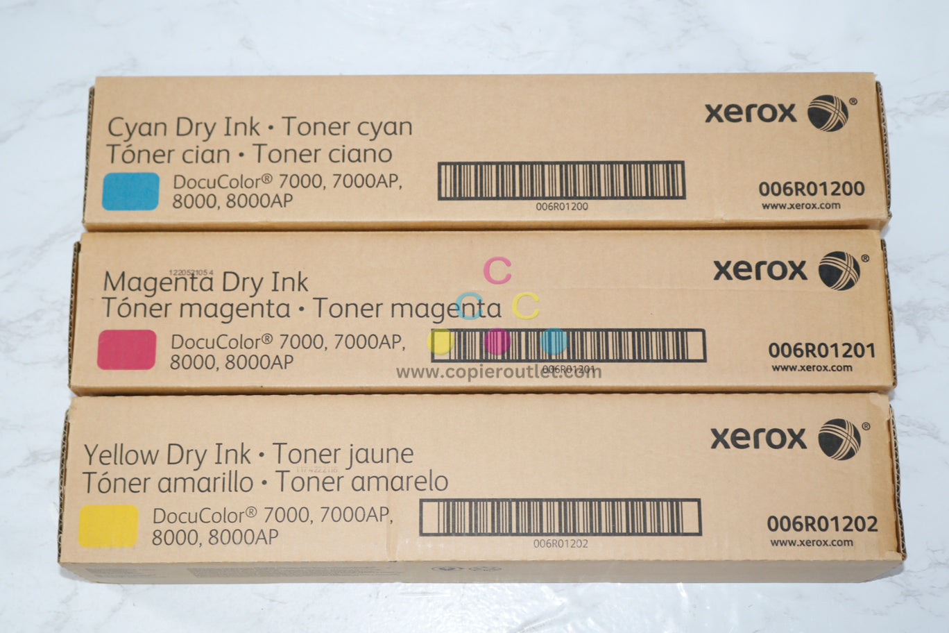 3 New OEM Xerox DocuColor 7000, 8000 CMY Toner Cartridges 006R01200, 1201, 1202