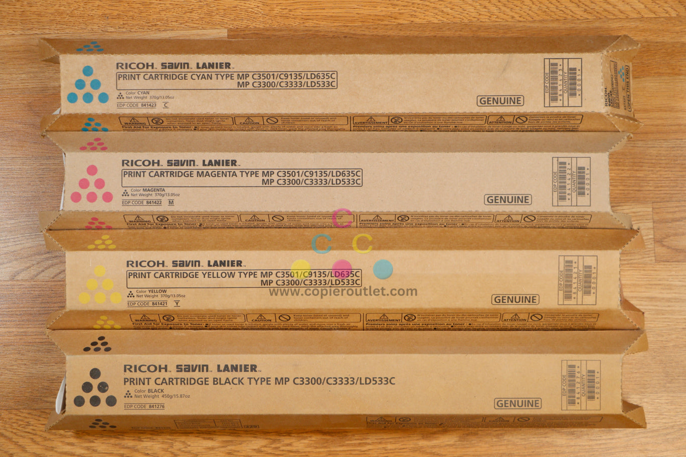 4 Genuine Ricoh MP C3300,C3333,LD533C CMYK Toners 841421,841422,841423,841276