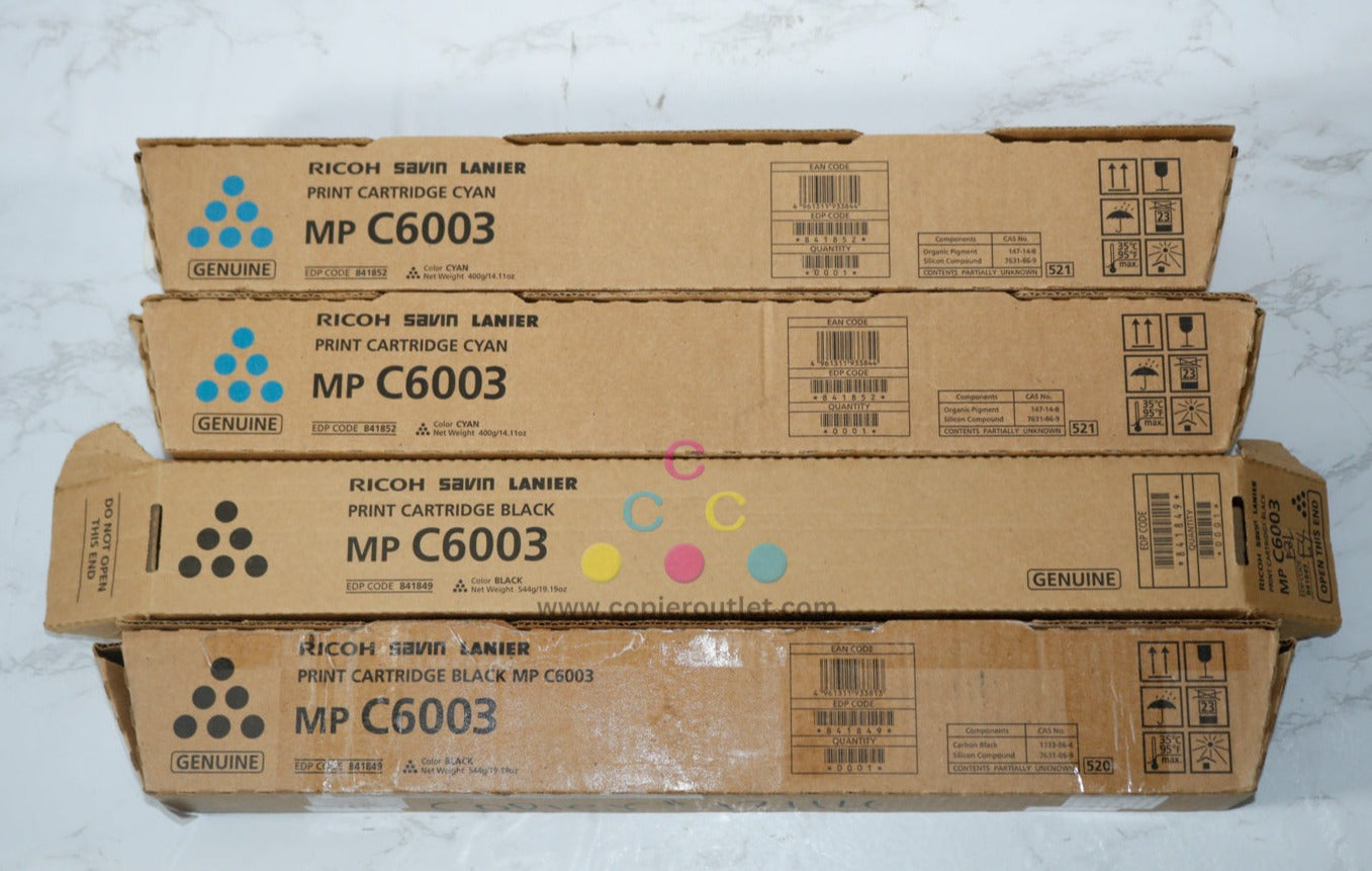 4 OEM Ricoh MPC6003,C4503,C5503,C6004 CCKK Toners 841849, 841852 (OPEN SEAL)