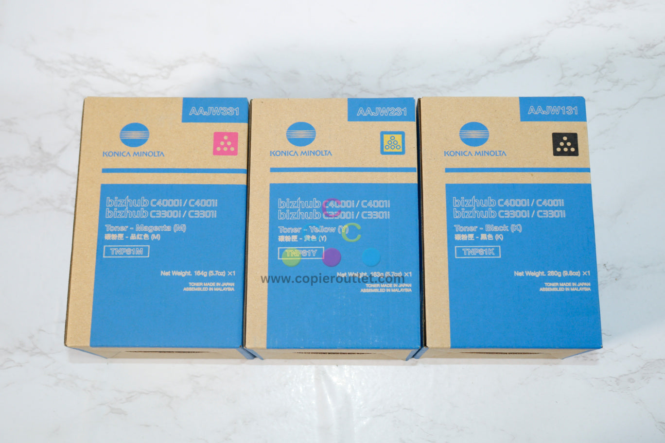 3 OEM Konica bizhub C4000i, C3300i TNP81 MYK Toners AAJW331, AAJW231, AAJW131