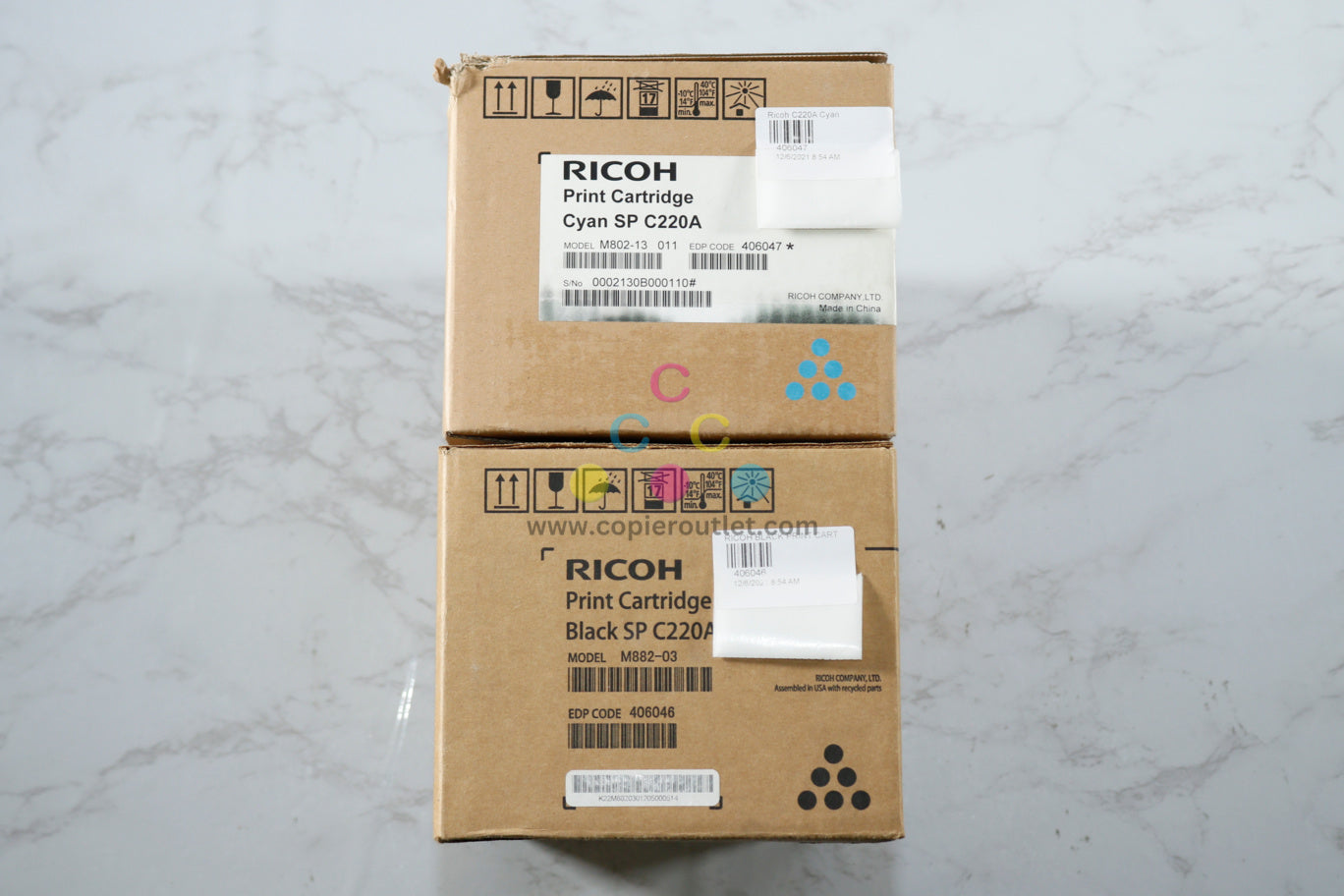 2 OEM Ricoh SP C220A,C221DN,C222DN Cyan & Black Toner Cartridges 406046,406047