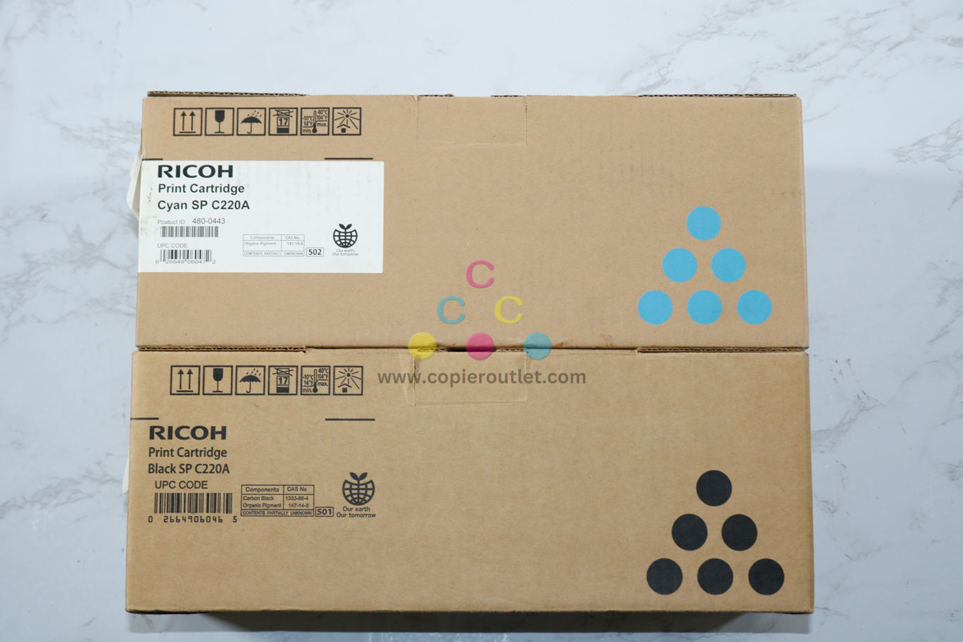 2 OEM Ricoh SP C220A,C221DN,C222DN Cyan & Black Toner Cartridges 406046,406047