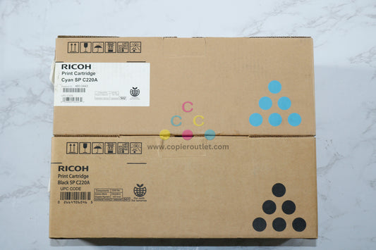 2 OEM Ricoh SP C220A,C221DN,C222DN Cyan & Black Toner Cartridges 406046,406047