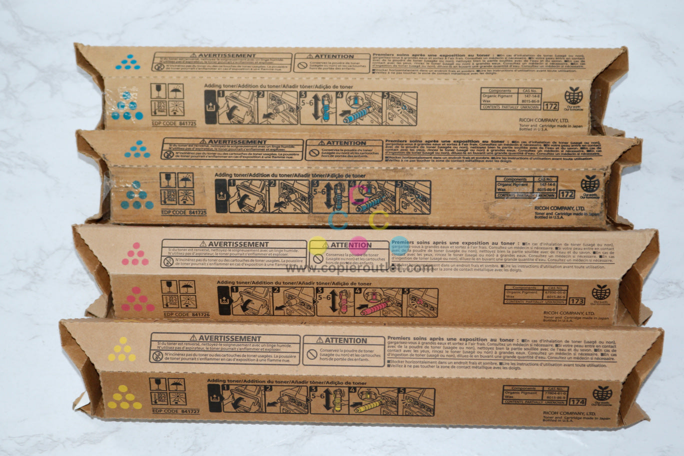 4 OEM Ricoh MP C400, C240, LD140C, C401 CCMY Toners 841725, 841726, 841727