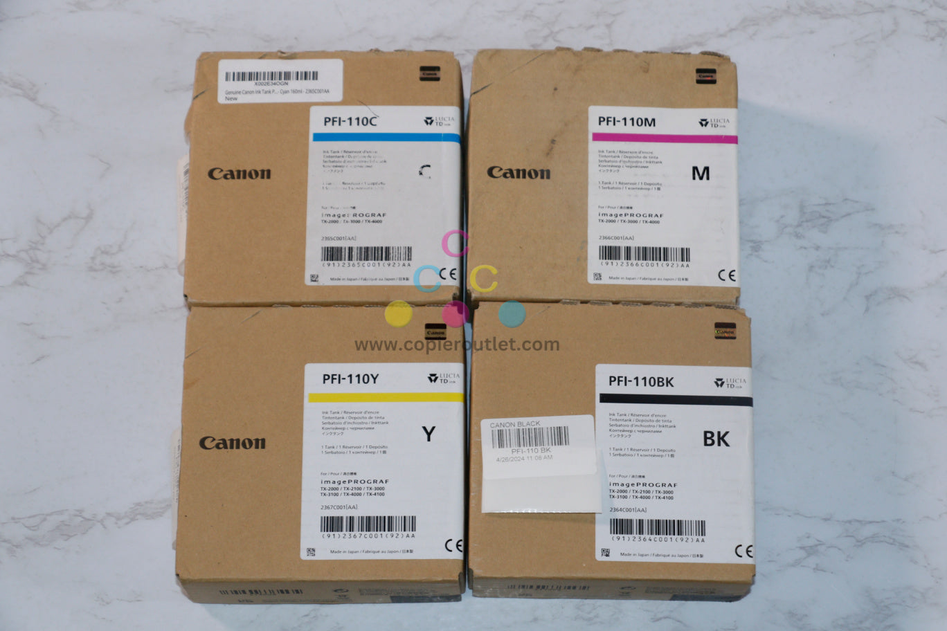 4 OEM Canon TX-3000, TX4000 PFI-110 Cyan, Mag, Yellow and Black Pigment Ink Tanks