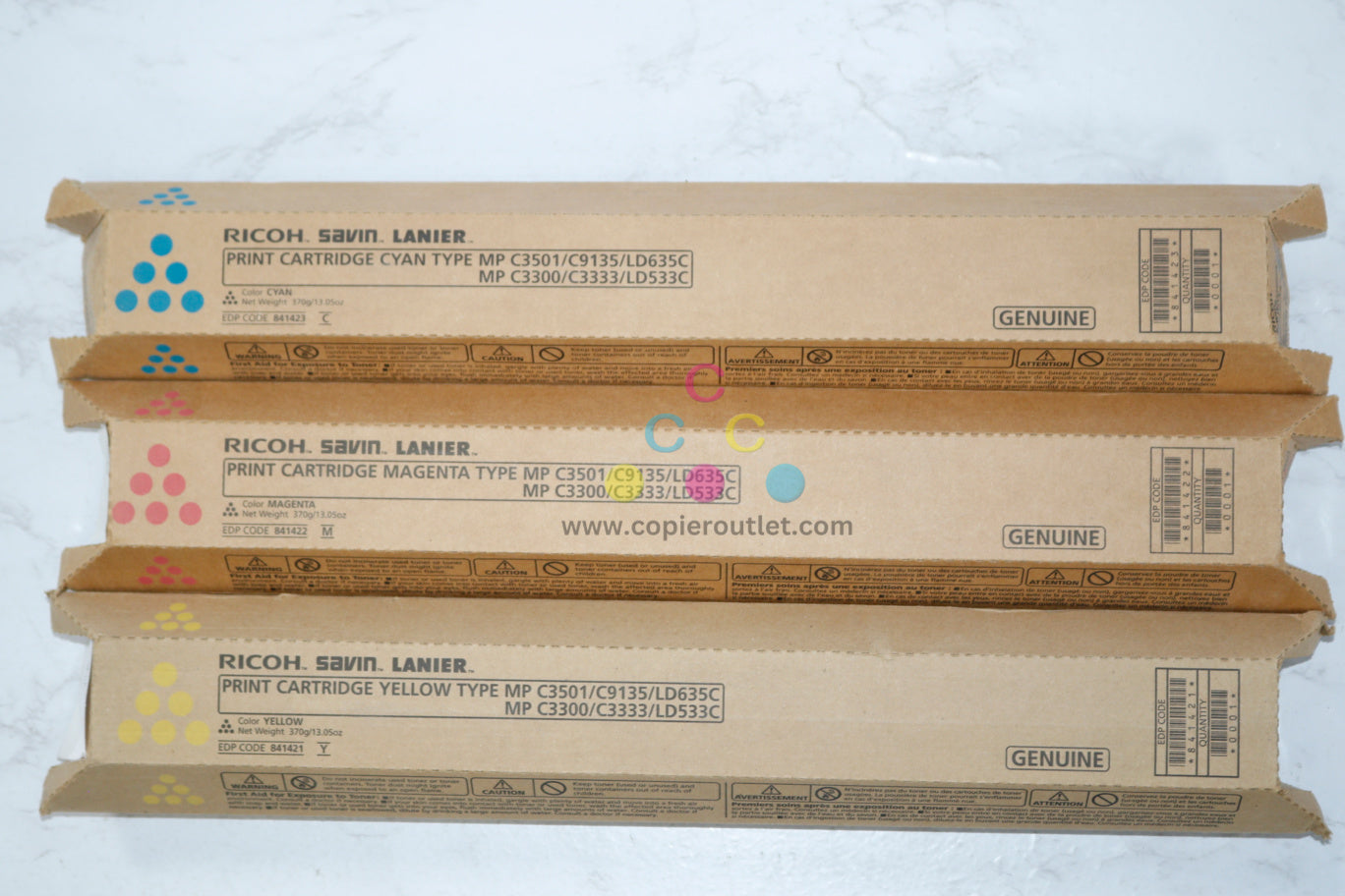 3 OEM Ricoh MP C3501,C9135,LD635C CMY Print Cartridges 841421,841422,841423