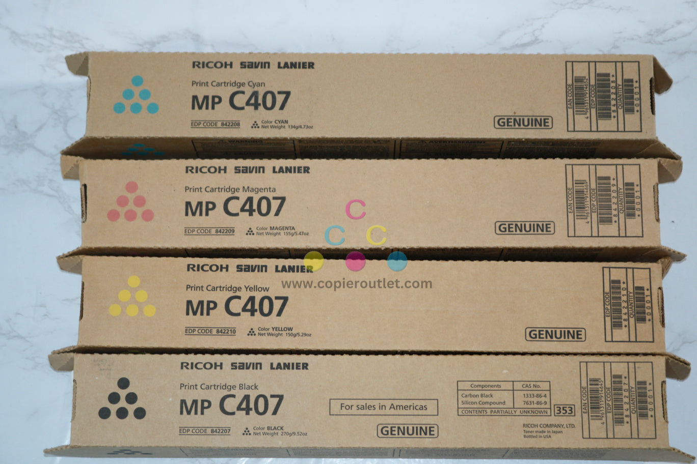 New Genuine Ricoh MP C407 CMYK Toner Cartridges 842207, 842208, 842209, 842210