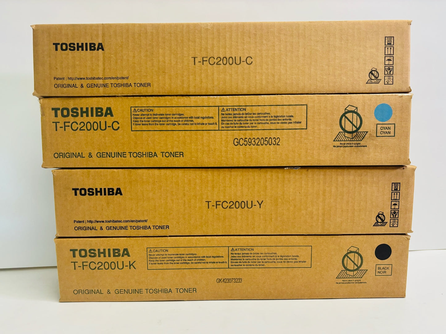 4 Genuine Toshiba 2000AC,2500AC Cyan, Yel & Black Toners T-FC200U, TFC200U CCYK