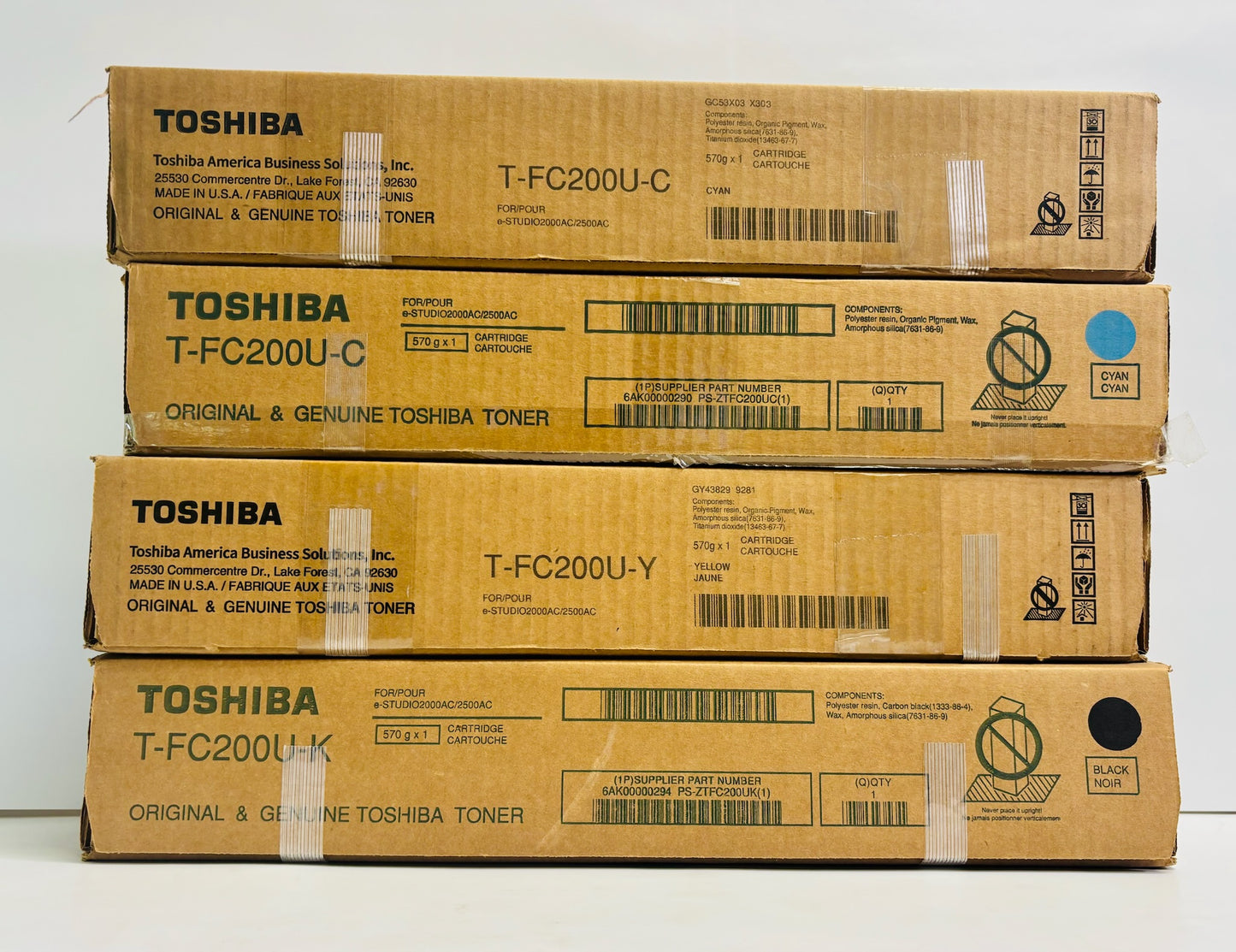 4 Genuine Toshiba 2000AC,2500AC Cyan, Yel & Black Toners T-FC200U, TFC200U CCYK