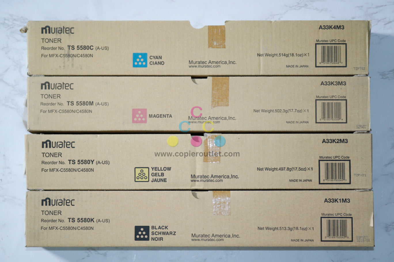 4 New OEM Muratec MFX-C5580N / C4580N, TS5580/TS-5580 CMYK Toner Cartridges