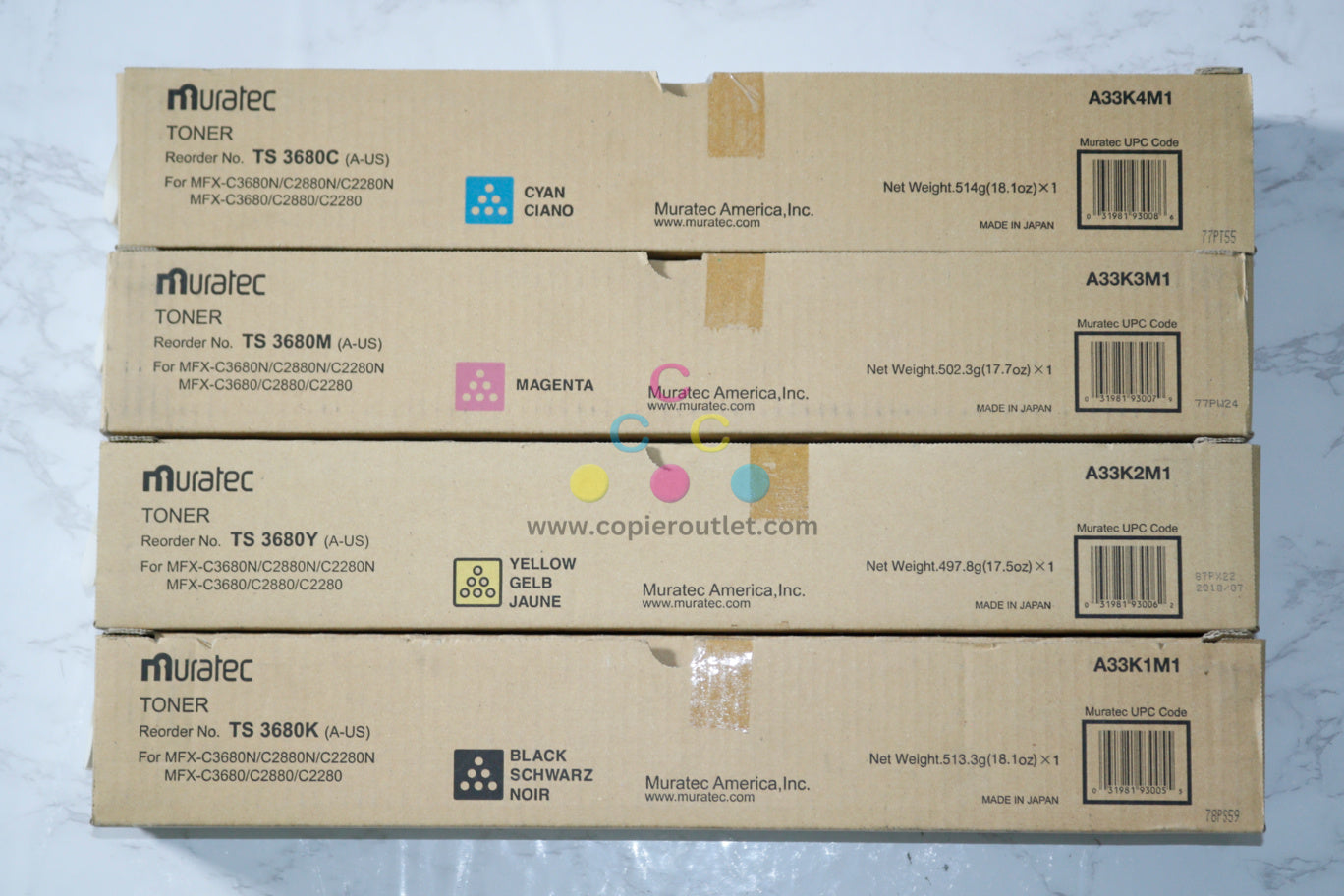 4 New OEM Muratec C3680,C2880,C2280 TS 3680 CMYK Toner A33K1M0,2M1,3M1,4M1