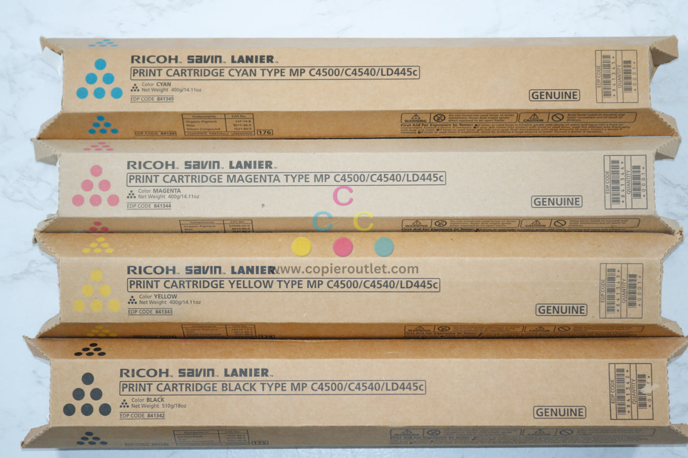 4 New OEM Ricoh C4500,C4540,LD445C CMYK Toners 841342,841343,841344,841345