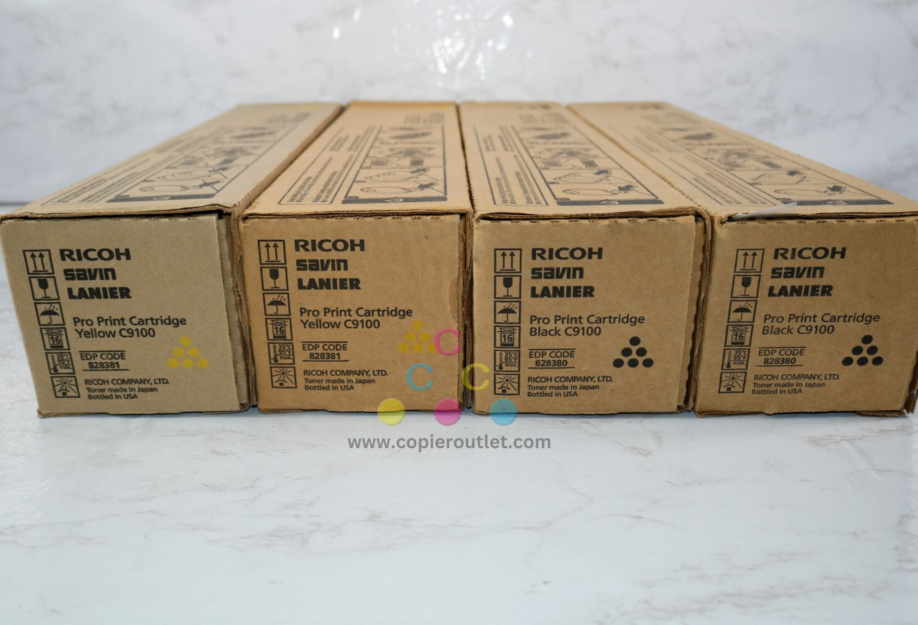 4 New OEM Ricoh Pro C9100, C9110 Yellow & Black Toners 828380, 828381