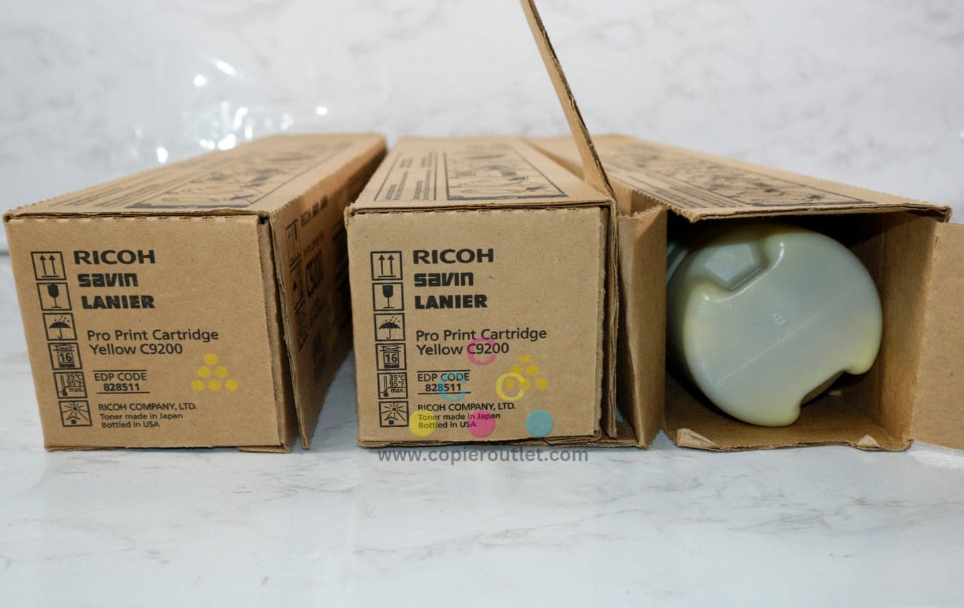 3 Cosmetic OEM Ricoh Pro C9200,C9210 Yellow Toner Cartridges 828511 (2 New & 1 Open)