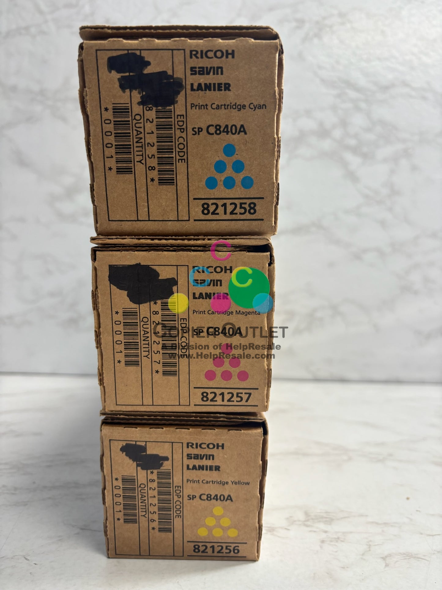 3 Genuine Ricoh SP C840A,C842 CMY Toner 821258,821257,821256 (No Black)