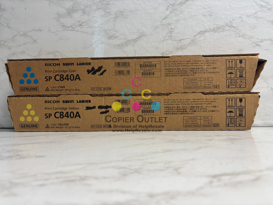 2 Genuine Ricoh SP C840A, C842 Cyan & Yellow Toners 821258, 821256 Same Day Ship