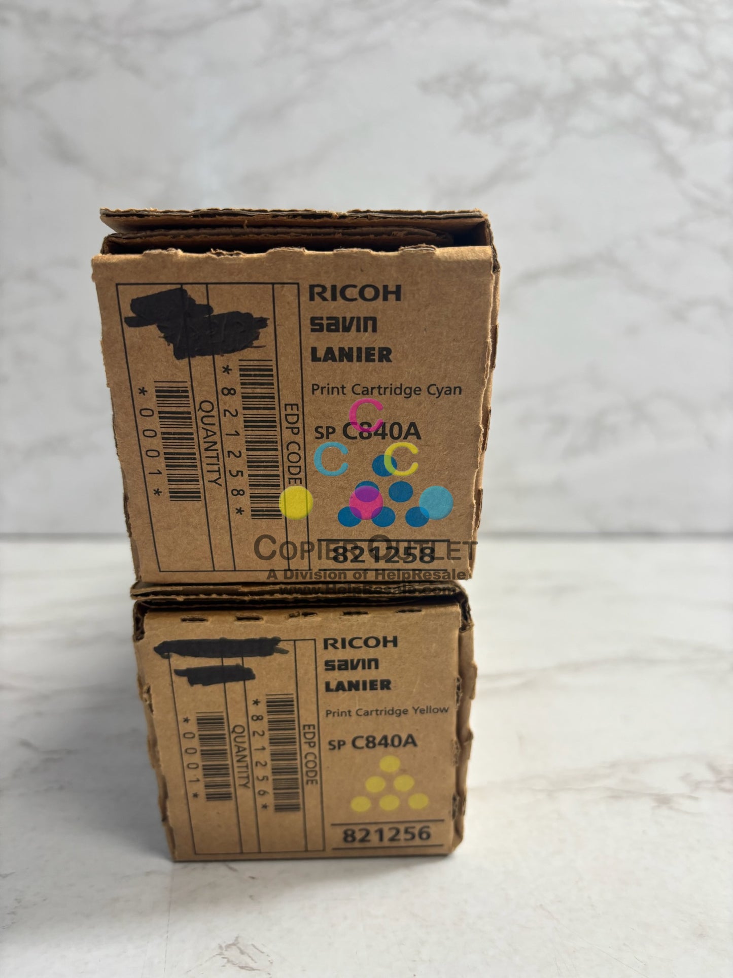 2 Genuine Ricoh SP C840A, C842 Cyan & Yellow Toners 821258, 821256 Same Day Ship