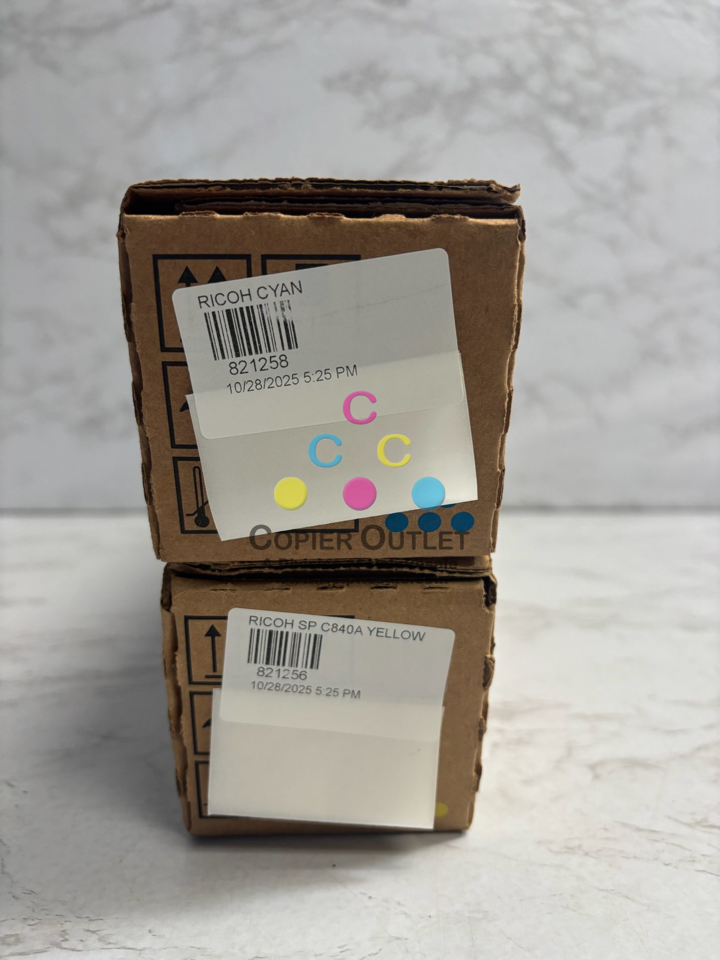 2 Genuine Ricoh SP C840A, C842 Cyan & Yellow Toners 821258, 821256 Same Day Ship