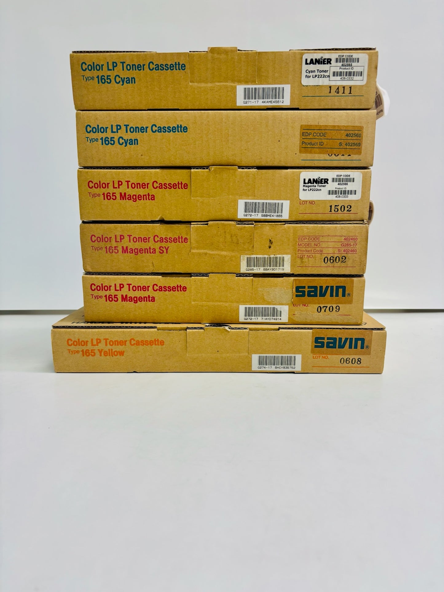 6 Genuine LANIER LP221,C7521n Type 165 Toners CCMMMY 402569, 402570, 402571