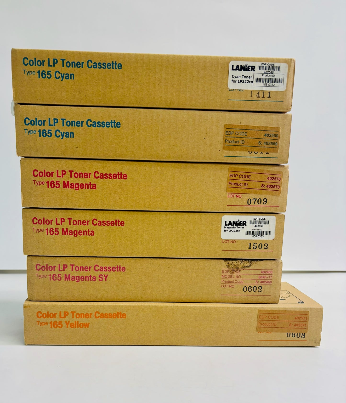 6 Genuine LANIER LP221,C7521n Type 165 Toners CCMMMY 402569, 402570, 402571
