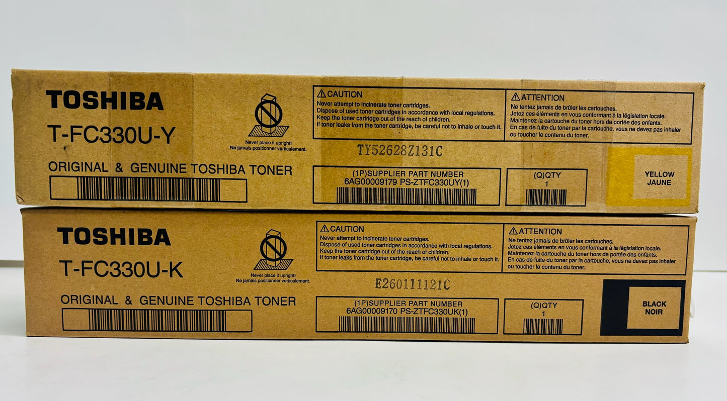 2 Genuine Toshiba 400AC, 330AC Yellow & Black Toners T-FC330U-Y T-FC330U-K
