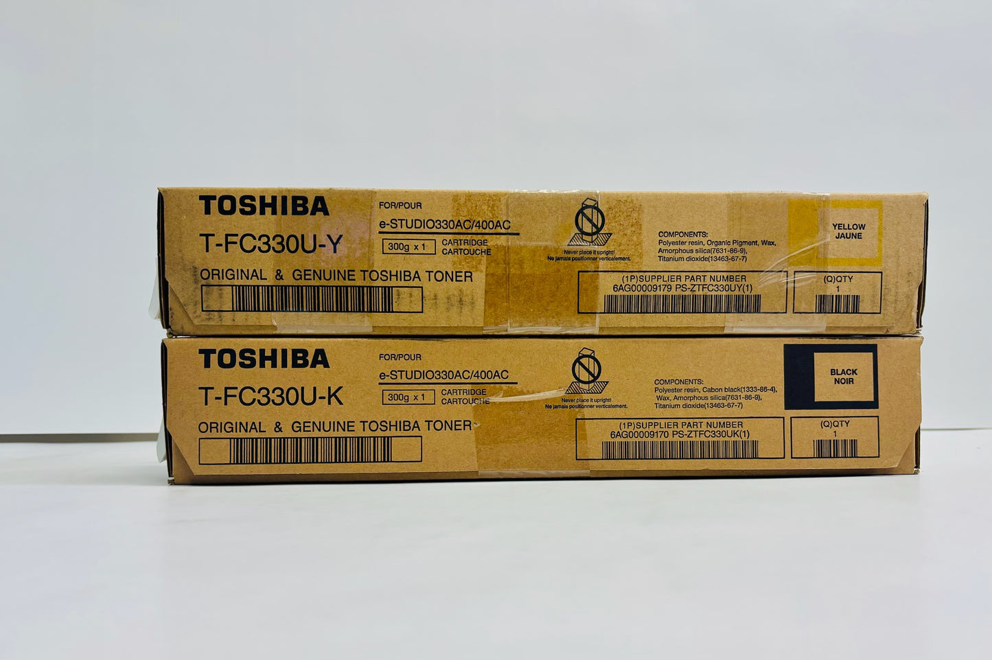 2 Genuine Toshiba 400AC, 330AC Yellow & Black Toners T-FC330U-Y T-FC330U-K
