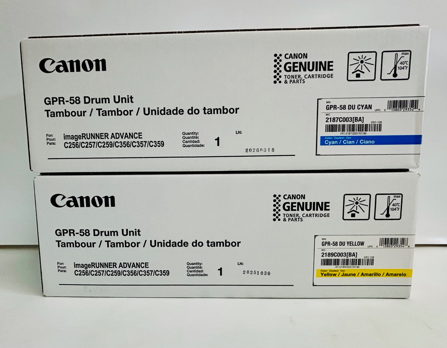 2 Genuine Canon C256iFII,C359iF Cyan & Yellow GPR-58 Drum Unit 2187C00, 2189C003