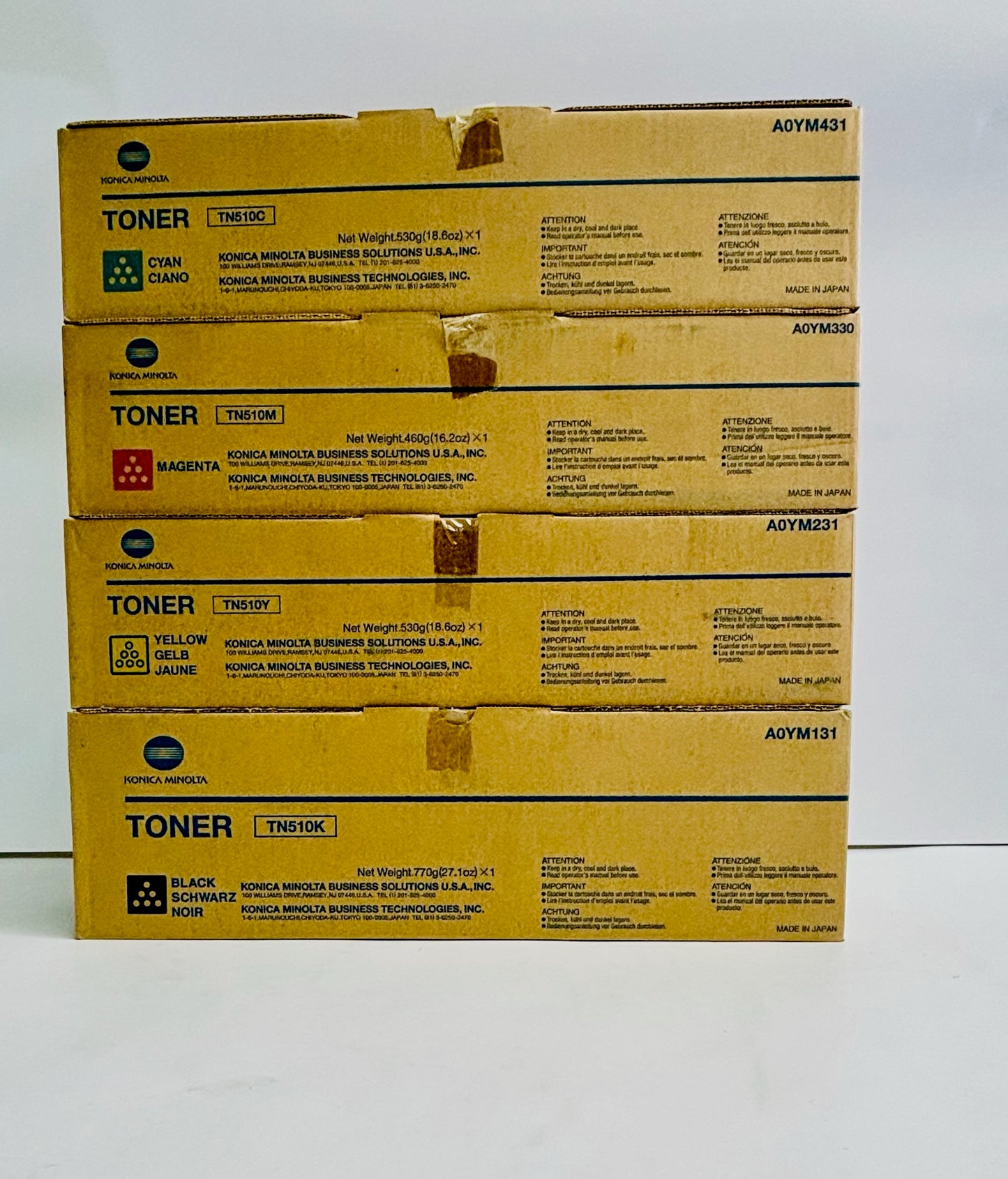 4 Genuine Konica Minolta C500 Cyan, Mag, Yel & Black Toners TN510, TN-510 CMYK