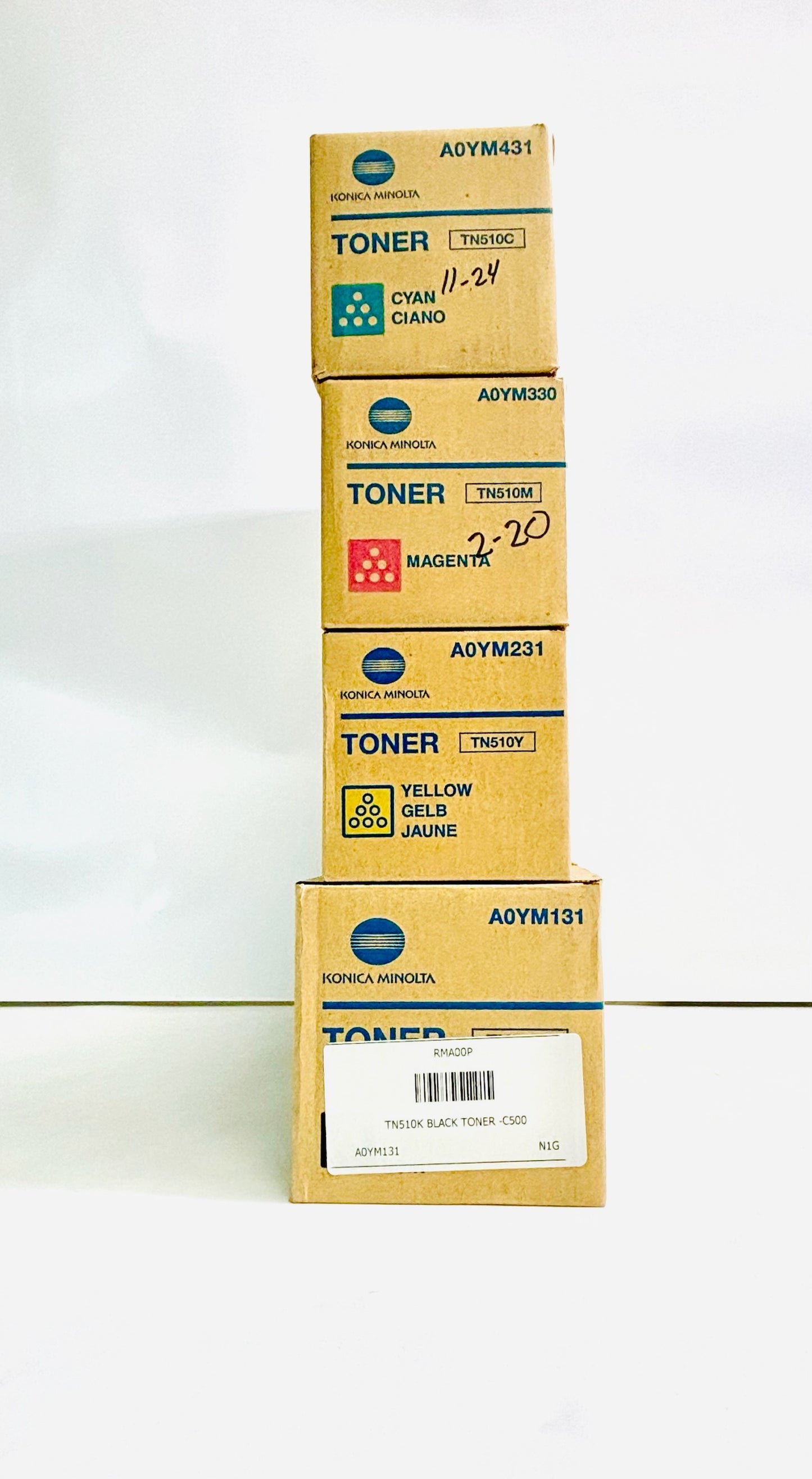 4 Genuine Konica Minolta C500 Cyan, Mag, Yel & Black Toners TN510, TN-510 CMYK
