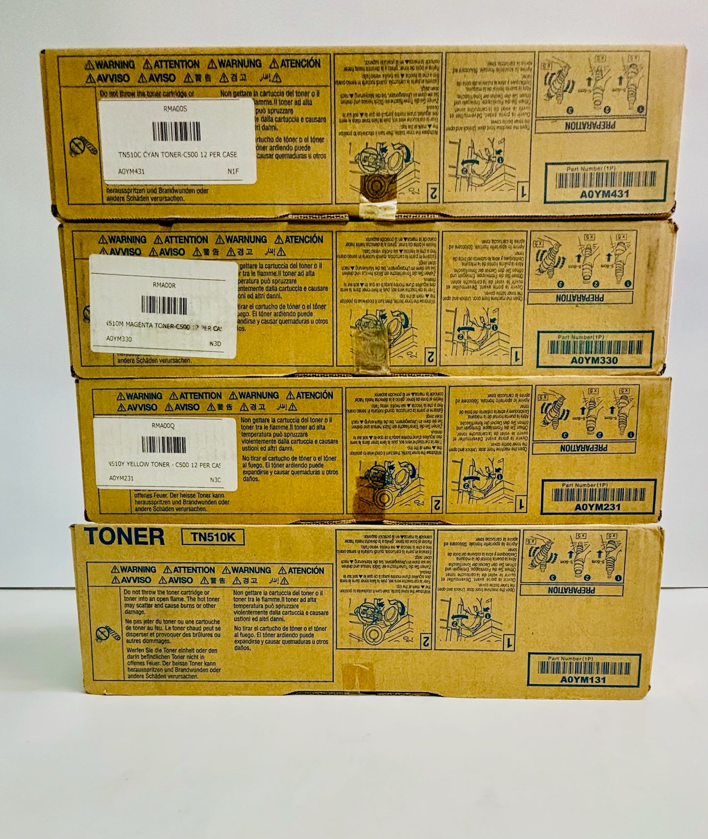 4 Genuine Konica Minolta C500 Cyan, Mag, Yel & Black Toners TN510, TN-510 CMYK