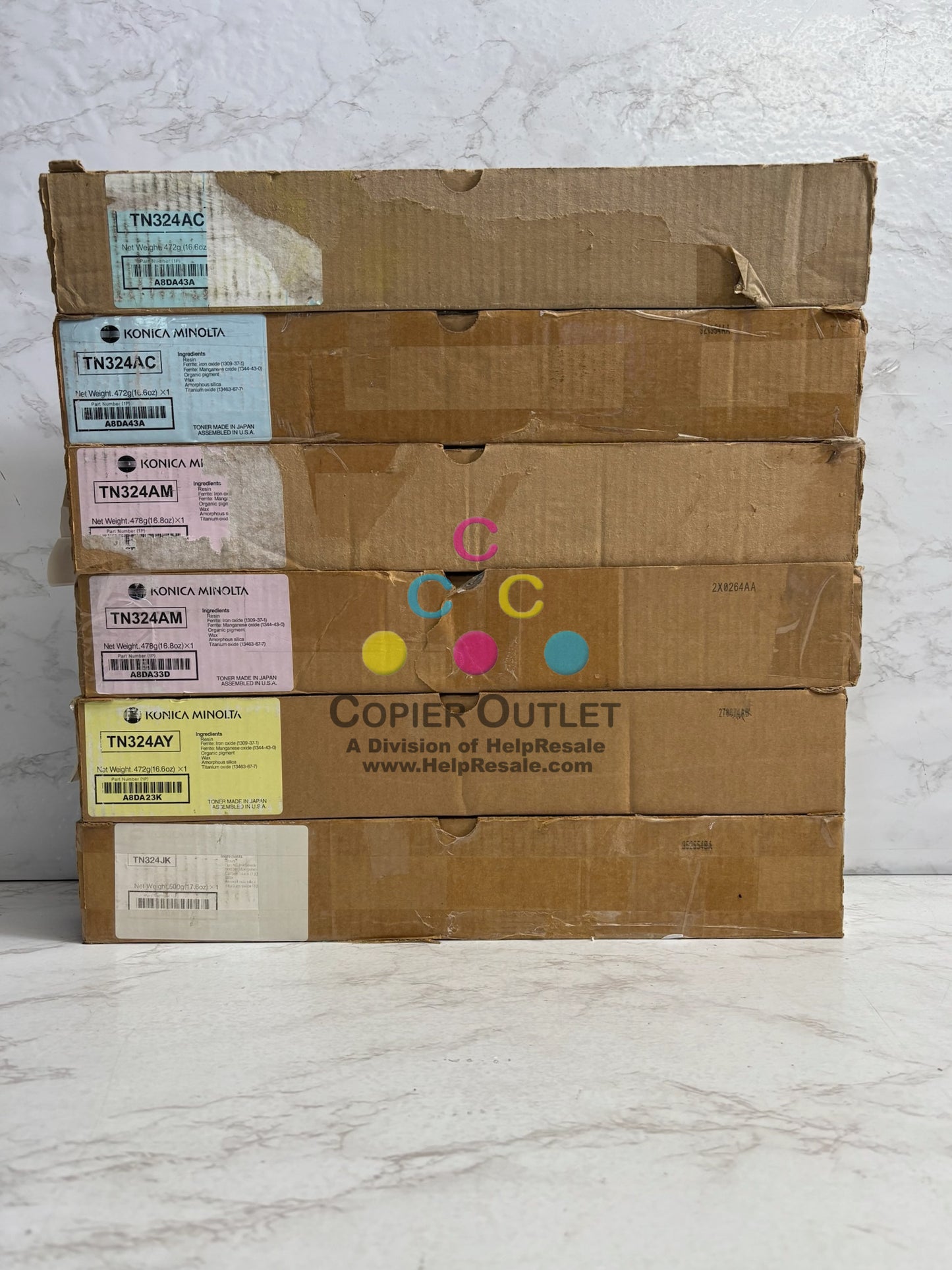 6 Cosmetic Genuine Konica BH C258,C308,C368 CCMMYK Toners TN324 (Plain Boxes)