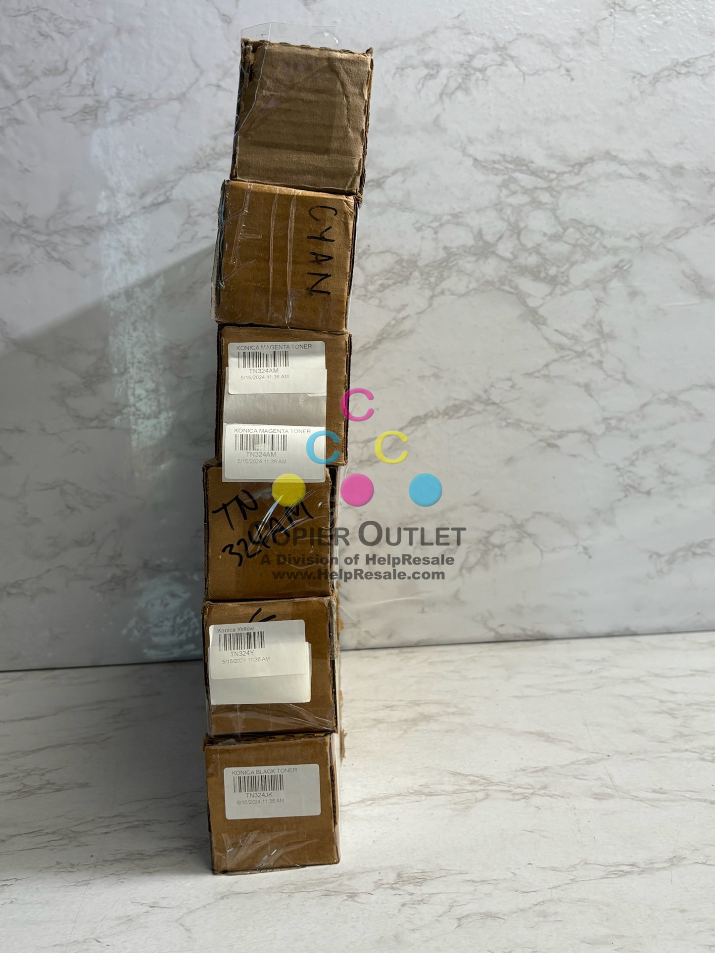 6 Cosmetic Genuine Konica BH C258,C308,C368 CCMMYK Toners TN324 (Plain Boxes)