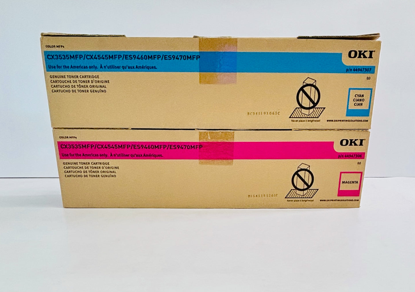 2 Genuine Okidata CX3535NFP, CX4545MFP Cyan & Magenta Toners 44947306, 44947307