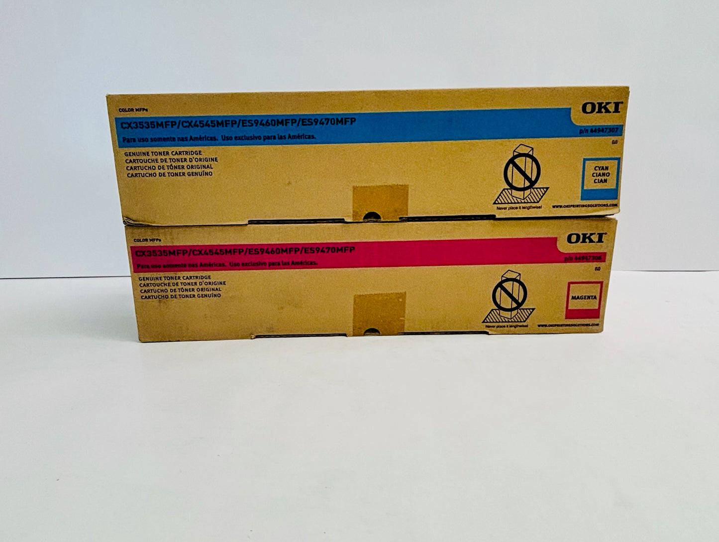2 Genuine Okidata CX3535NFP, CX4545MFP Cyan & Magenta Toners 44947306, 44947307