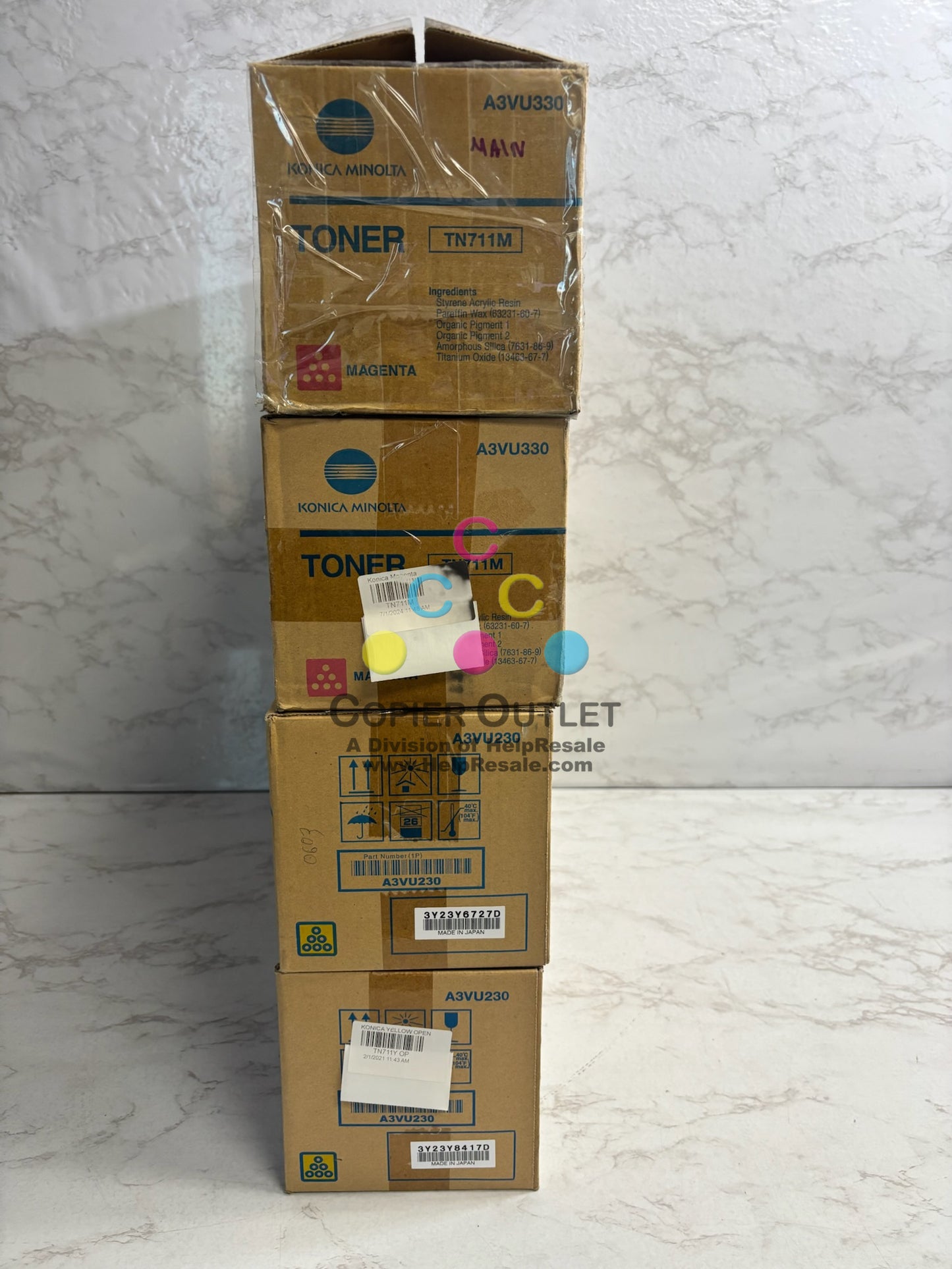 4 Open Genuine  Konica Minolta BH C654,C654E,C754 MMYY Toners TN711M, TN711Y