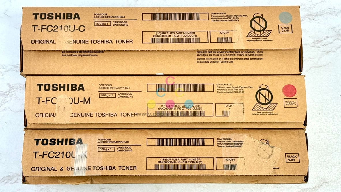 3 OEM Toshiba eSTUDIO 2010AC, 2510AC T-FC210U CMK Toners (Open Box, Sealed Tap)