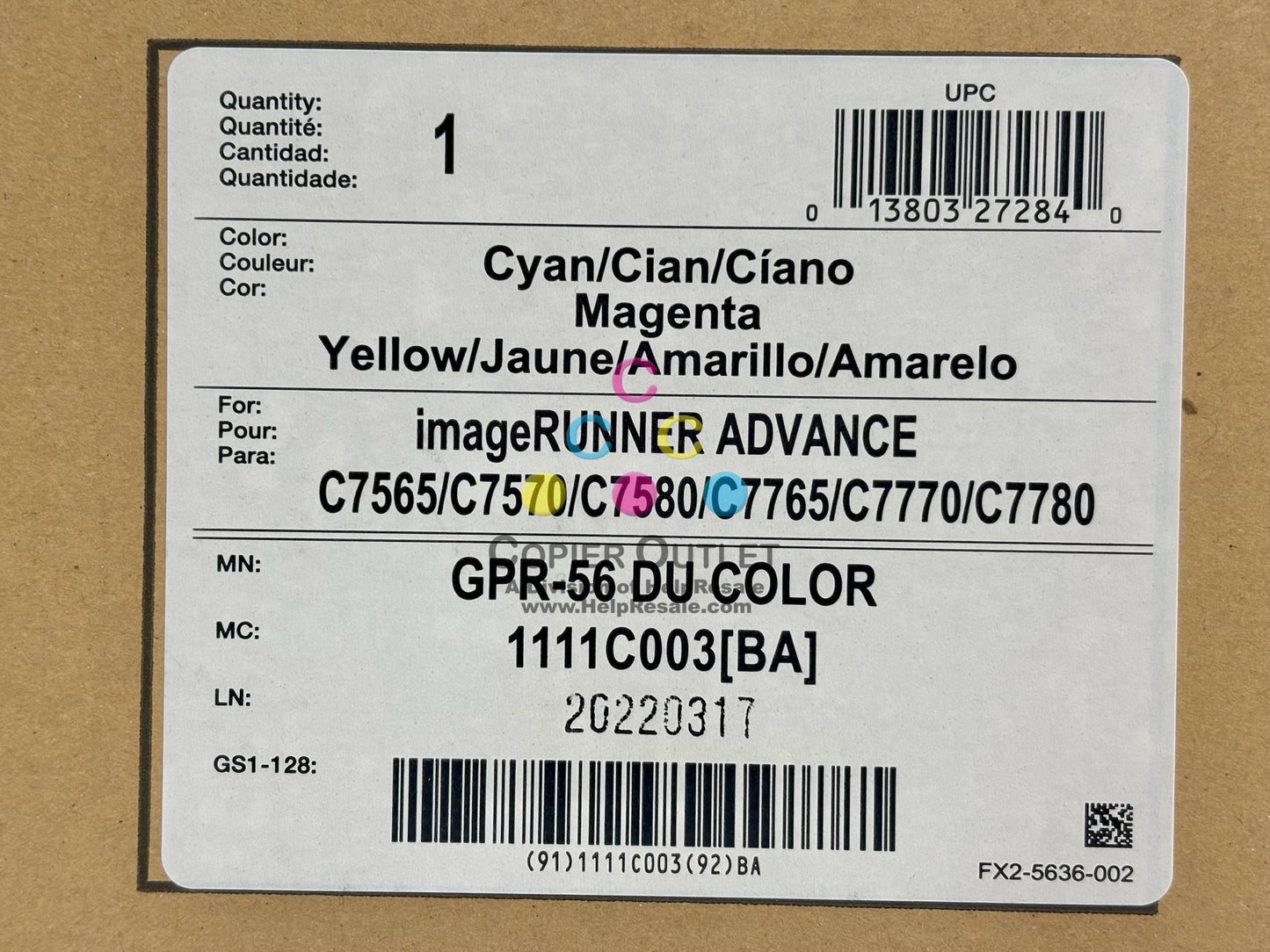 Genuine Canon iR ADV C7565, C7570, C7580 DU Color Drum Unit GPR-56, 1111C003[BA]