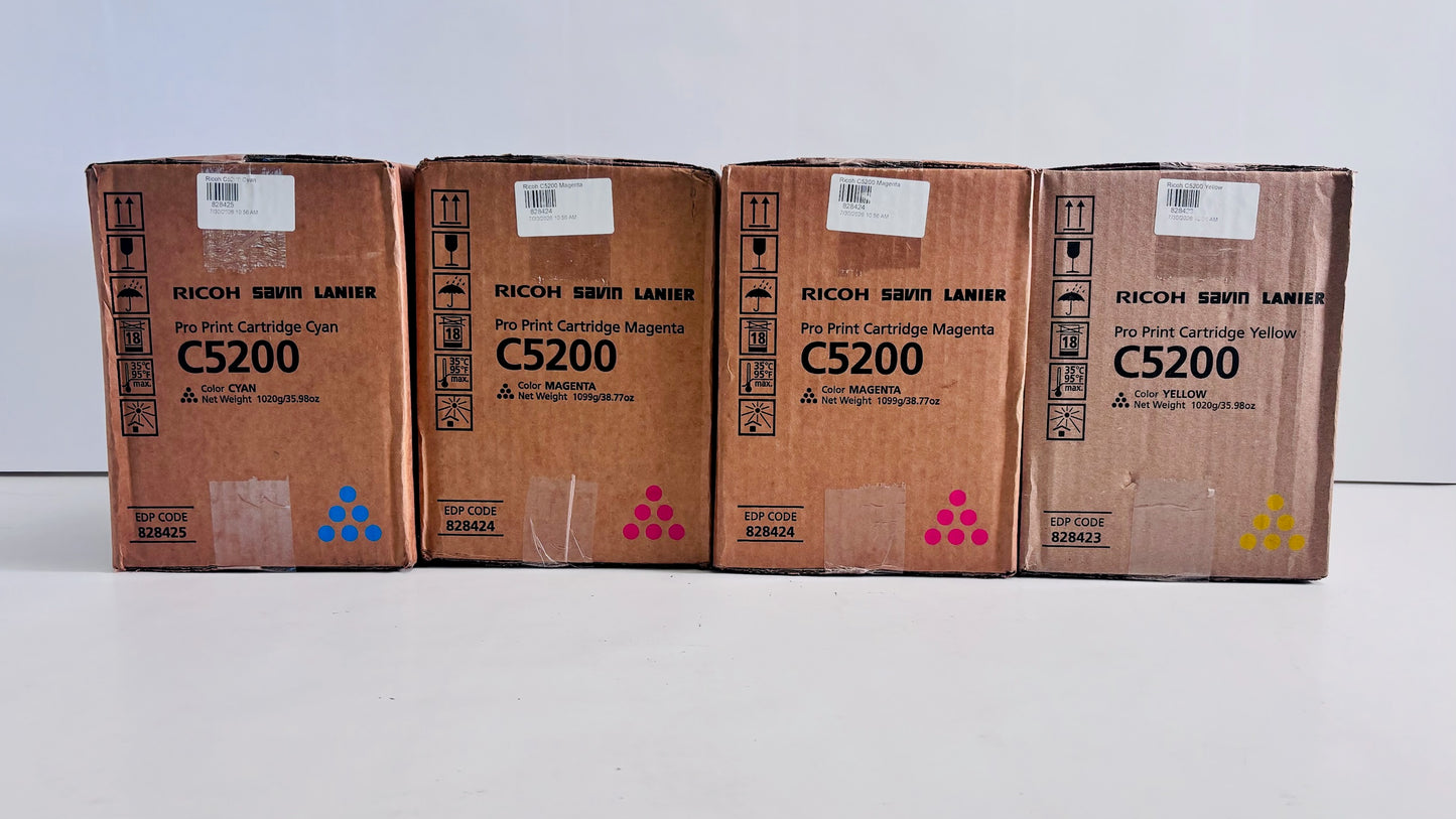 4 Genuine Ricoh C5200S,C5210s Cyan, Magenta & Yellow Toners 828423,828424,828425
