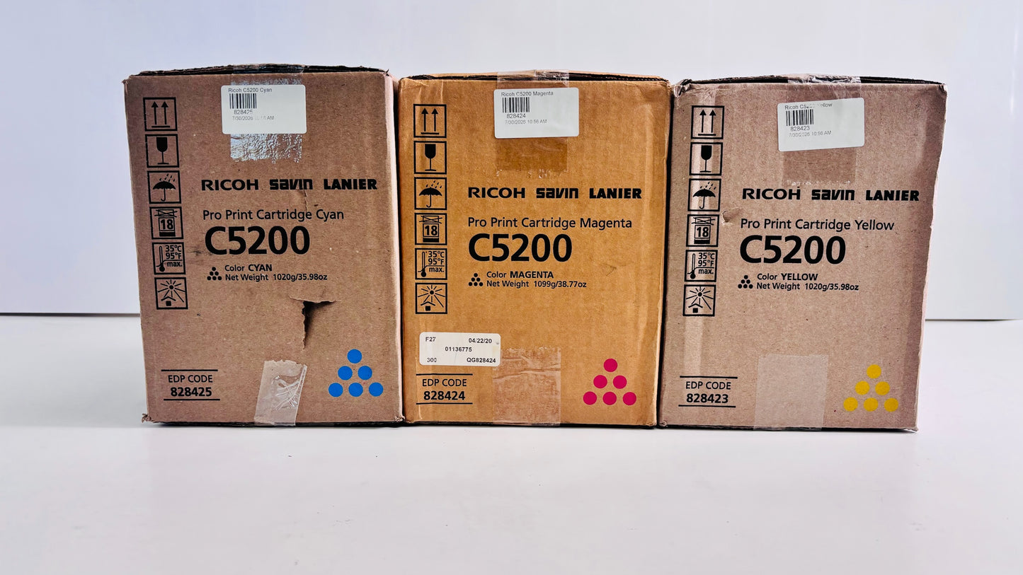 3 Genuine Ricoh C5200S/C5210s Cyan, Mag & Yellow Toners 828423, 828424, 828425