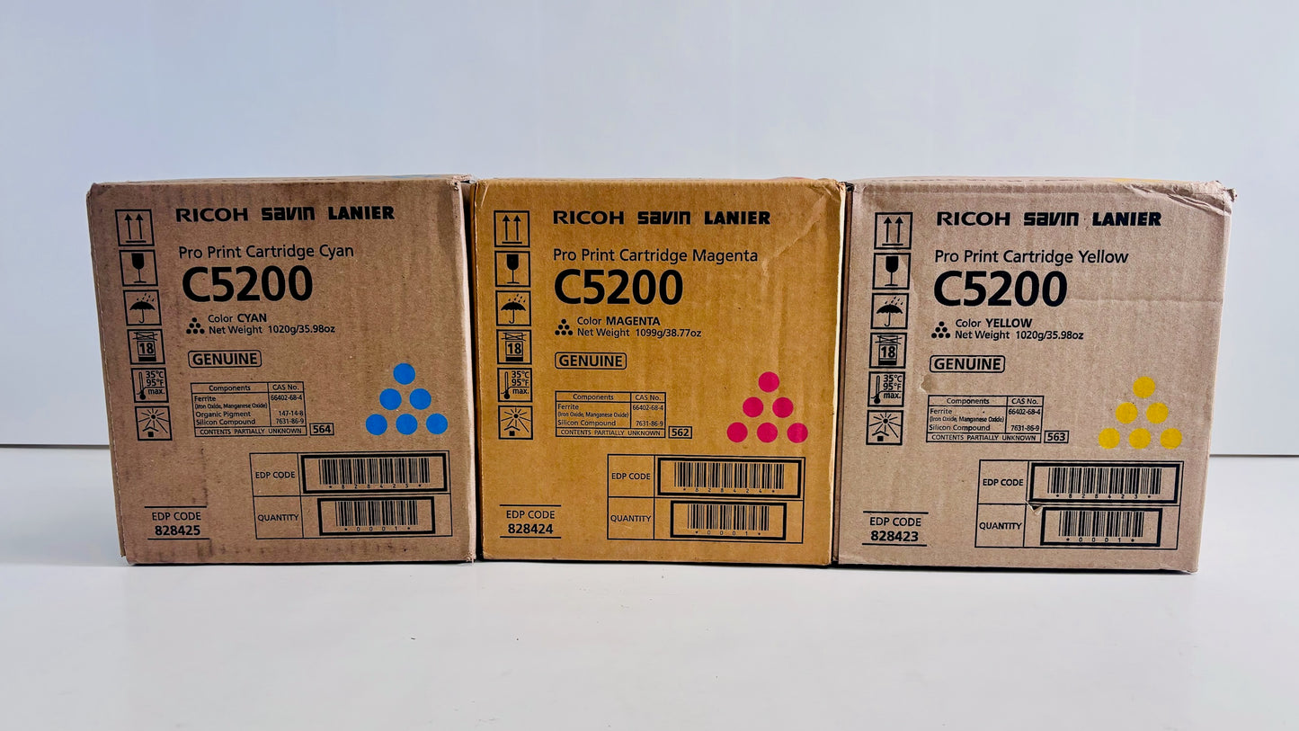 3 Genuine Ricoh C5200S/C5210s Cyan, Mag & Yellow Toners 828423, 828424, 828425