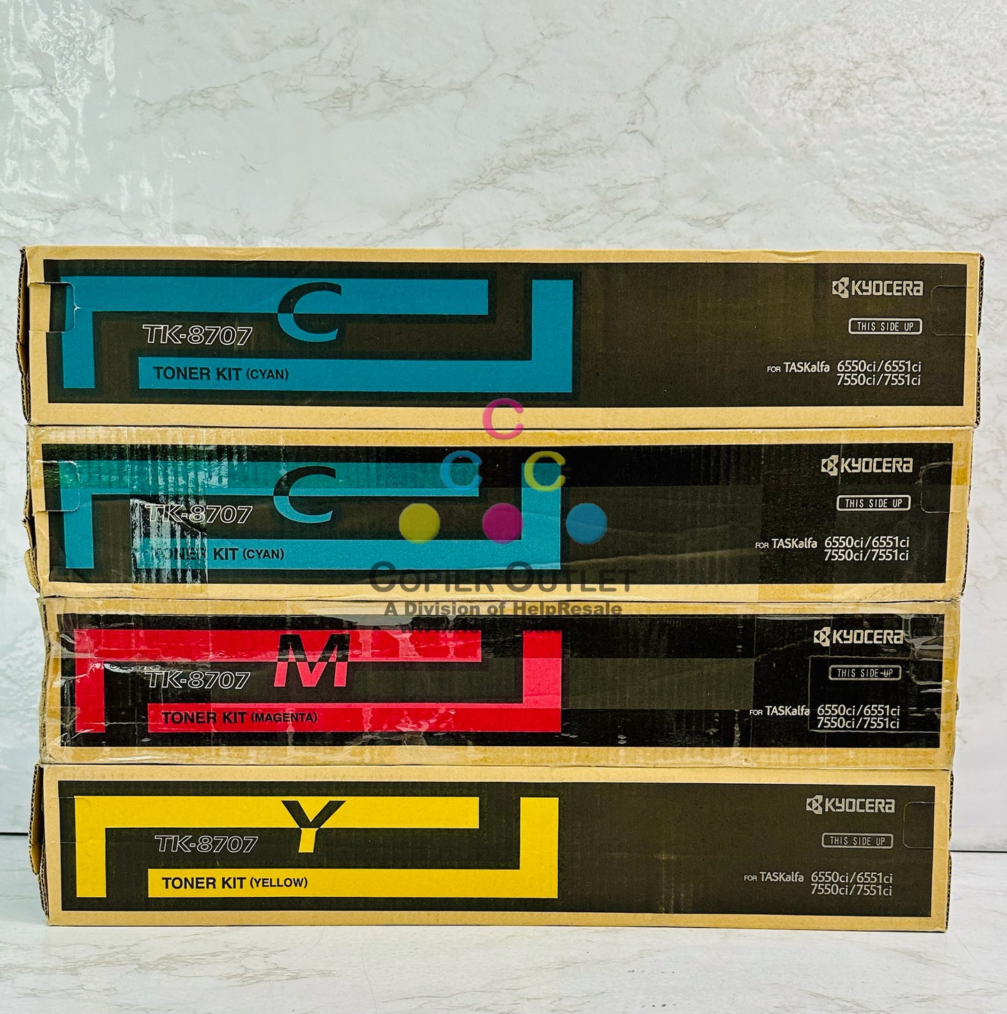 4 Genuine Cosmetic Kyocera TASKalfa 6550ci,655ci Cyan,Mag., & Yellow Toner TK-8707