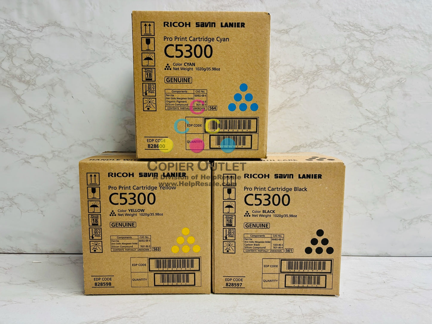 3 Genuine Ricoh Pro C5300s,C5310s Cyan, Yellow & Black Toners 828597, 828598, 828600