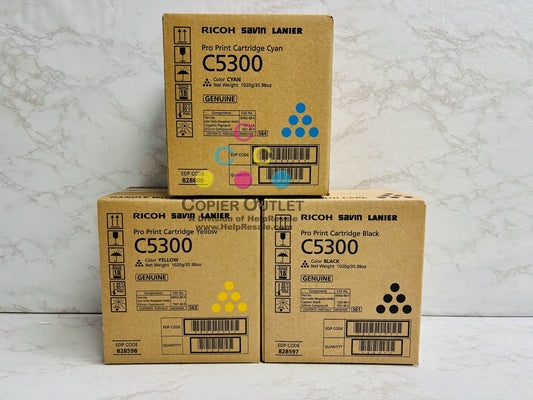 3 Genuine Ricoh Pro C5300s,C5310s Cyan, Yellow & Black Toners 828597, 828598, 828600