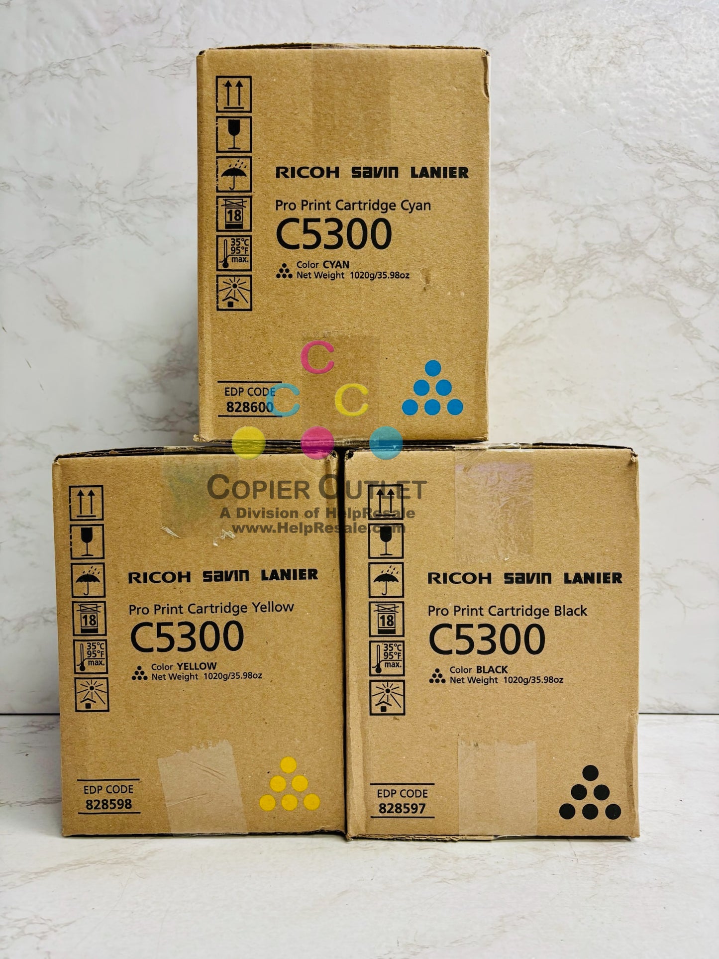 3 Genuine Ricoh Pro C5300s,C5310s Cyan, Yellow & Black Toners 828597, 828598, 828600