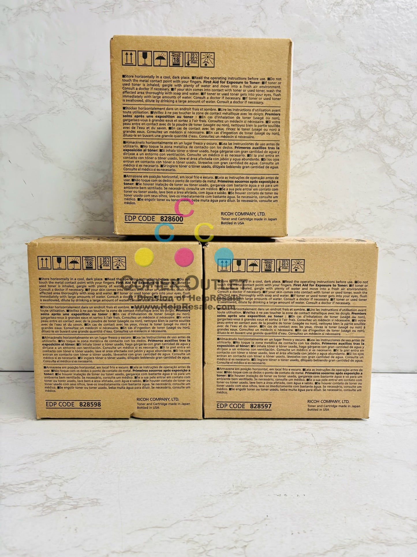 3 Genuine Ricoh Pro C5300s,C5310s Cyan, Yellow & Black Toners 828597, 828598, 828600