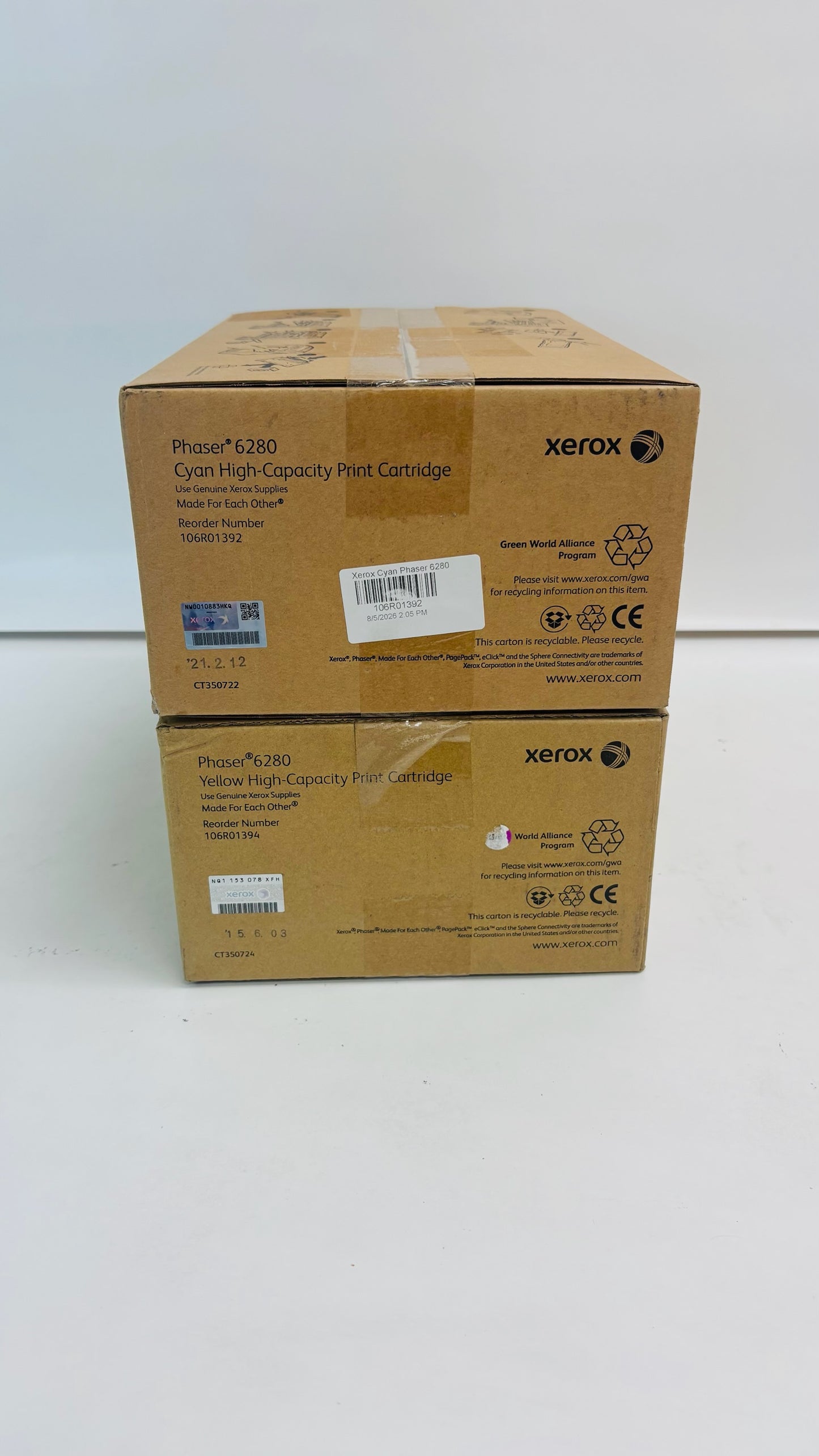 2 Genuine Xerox 6280, 6280DN, 6280N Cyan & Yellow Toners 106R01392, 106R01394