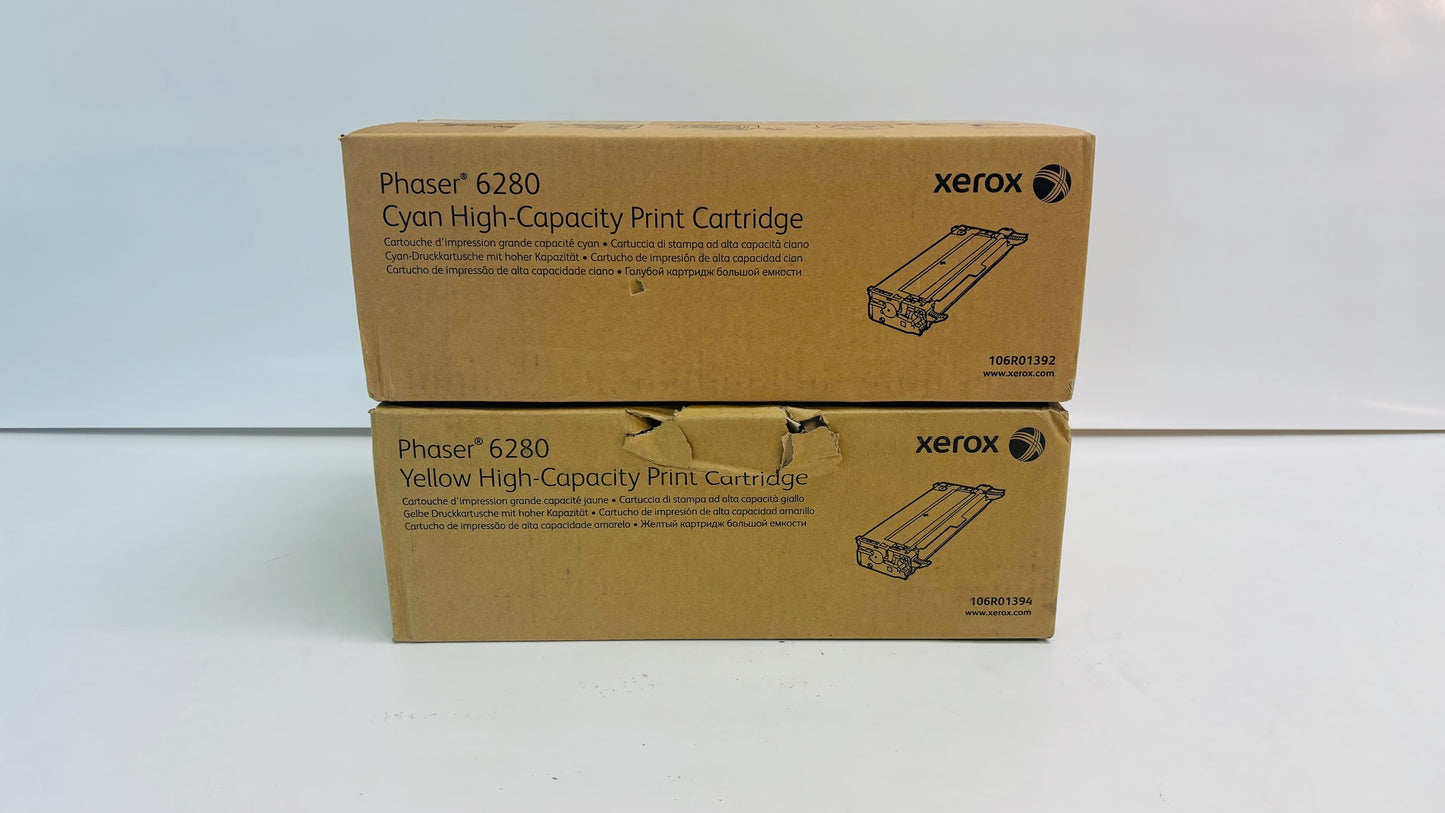 2 Genuine Xerox 6280, 6280DN, 6280N Cyan & Yellow Toners 106R01392, 106R01394