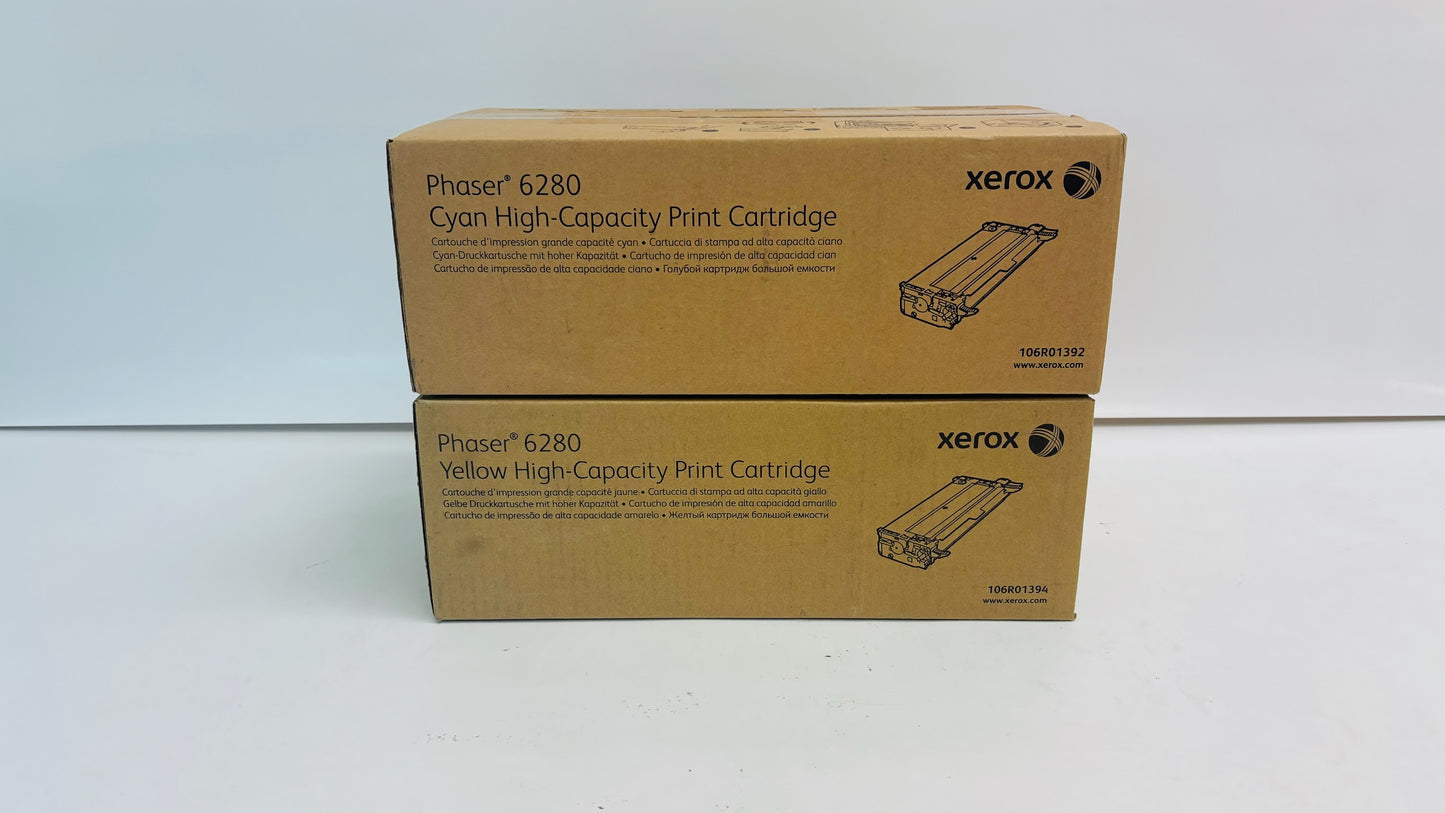 2 Genuine Xerox 6280, 6280DN, 6280N Cyan & Yellow Toners 106R01392, 106R01394