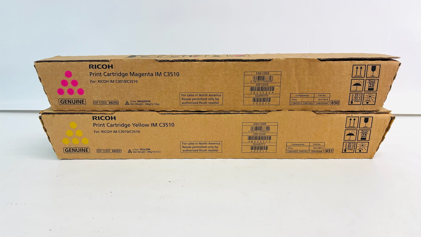 2 Open Genuine Ricoh IMC3010, IMC3510 Magenta & Yellow Toners 842551, 842552